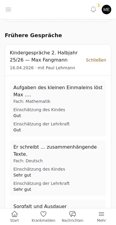 Handyansicht: Eltern sehen die Zusammenfassung früherer Gespräche mit Thema sowie Einschätzung von Kind und Lehrkraft