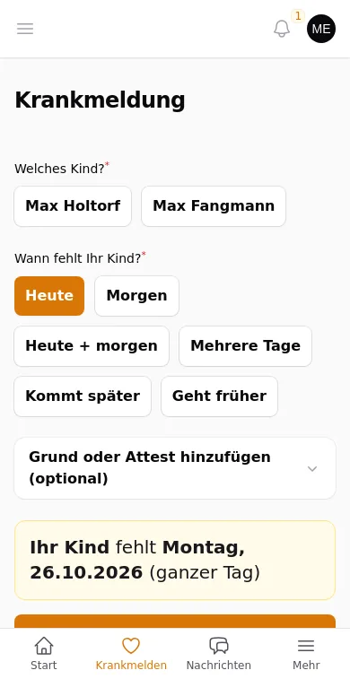 Krankmeldung auf dem Handy mit Kind und Auswahl Heute, Morgen, Kommt später, Geht früher