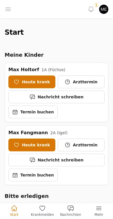 Startseite der Eltern auf dem Handy mit Kindern, Schaltfläche Heute krank, Nachricht schreiben und Termin buchen