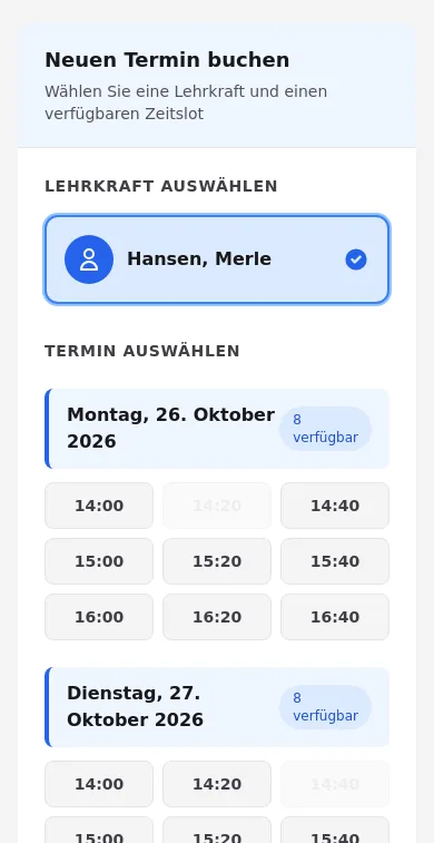 Handyansicht: Eltern wählen Lehrkraft und Uhrzeit für ein Gespräch