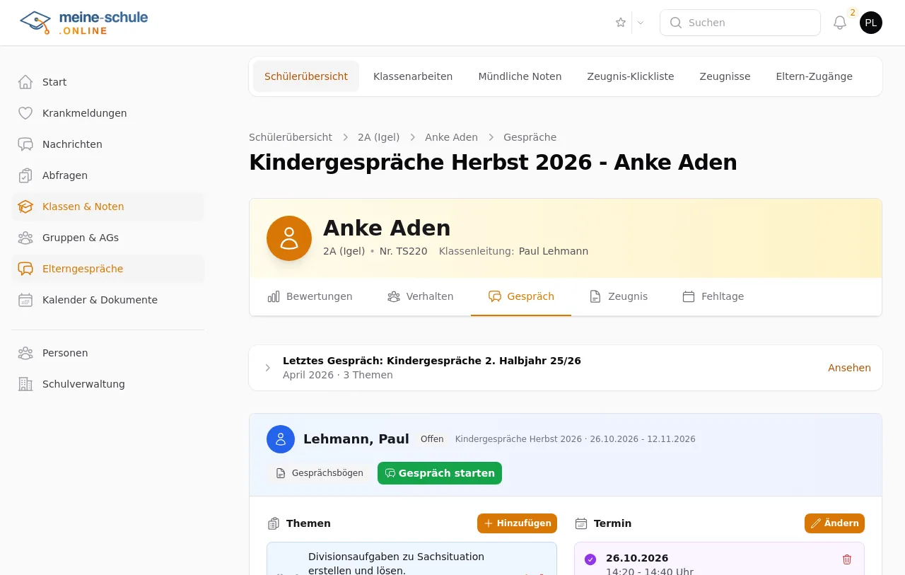 Gesprächsvorbereitung für ein Kind mit letztem Gespräch, Themen, Termin und Schaltfläche Gespräch starten