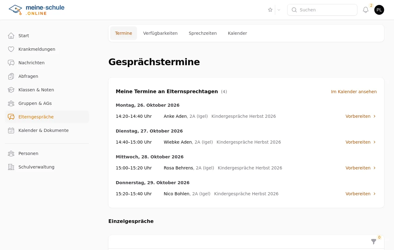 Liste der eigenen Gesprächstermine einer Lehrkraft