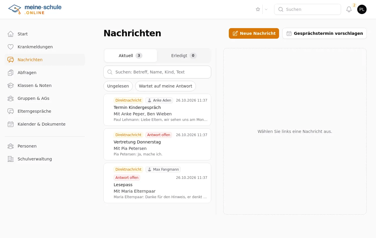 Postfach einer Lehrkraft mit mehreren Unterhaltungen und Filtern
