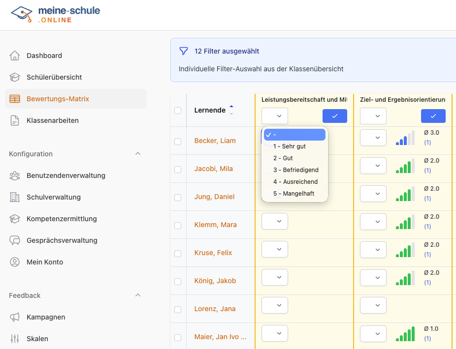 Arbeits- und Sozialverhalten Bewertungsmatrix mit Notendropdown und Mini-Charts