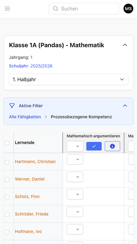 Bewertungsmatrix Mobile - Filter aktiv