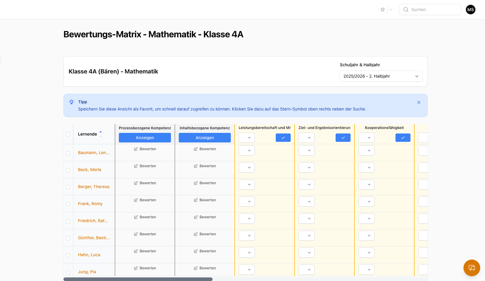 Bewertungsmatrix Klasse 4a Mathe - Kompetenzraster mit Bewertungseingabe