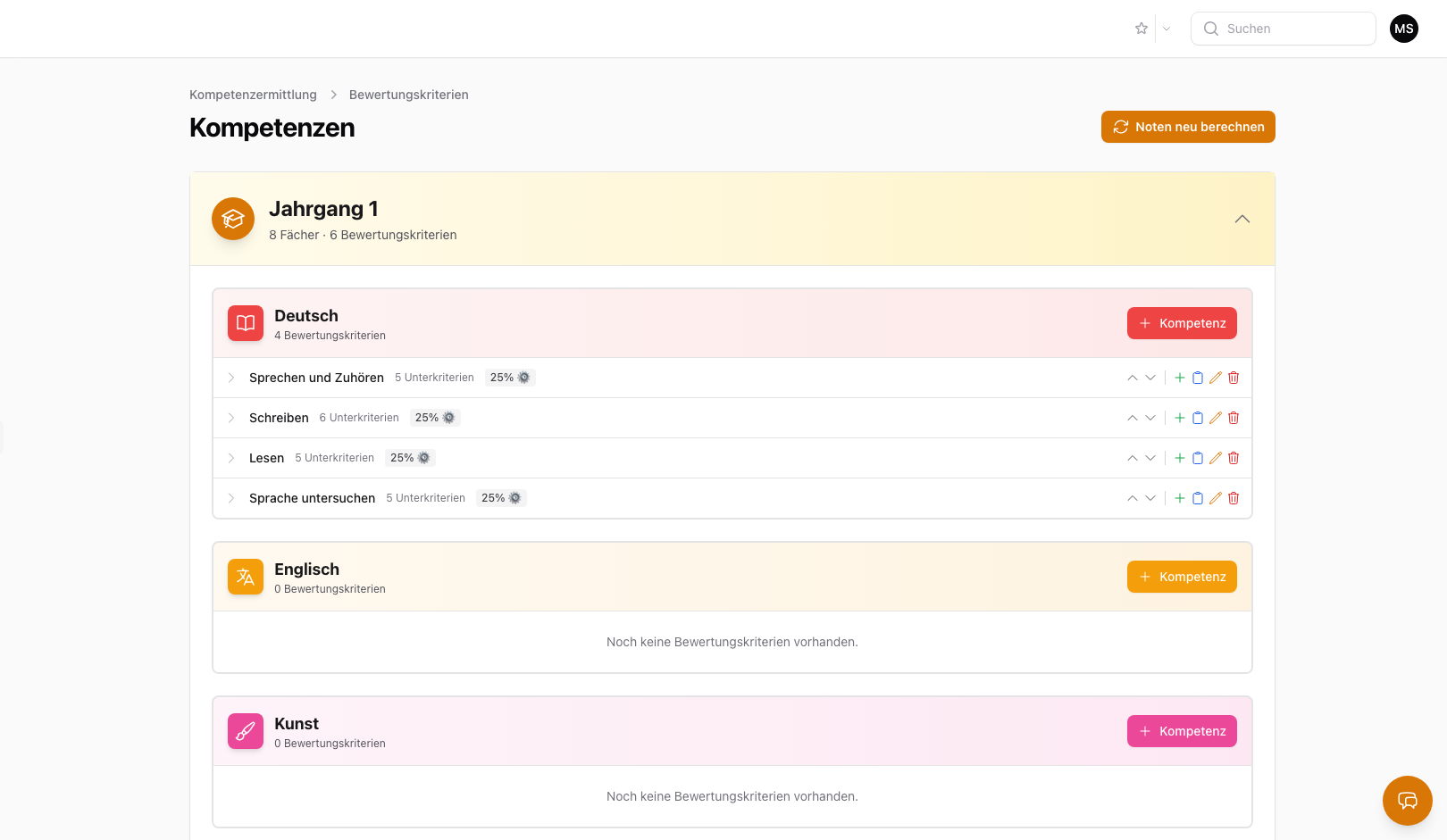 Kompetenzen-Baumstruktur - Fächer mit Unterkriterien und Gewichtung