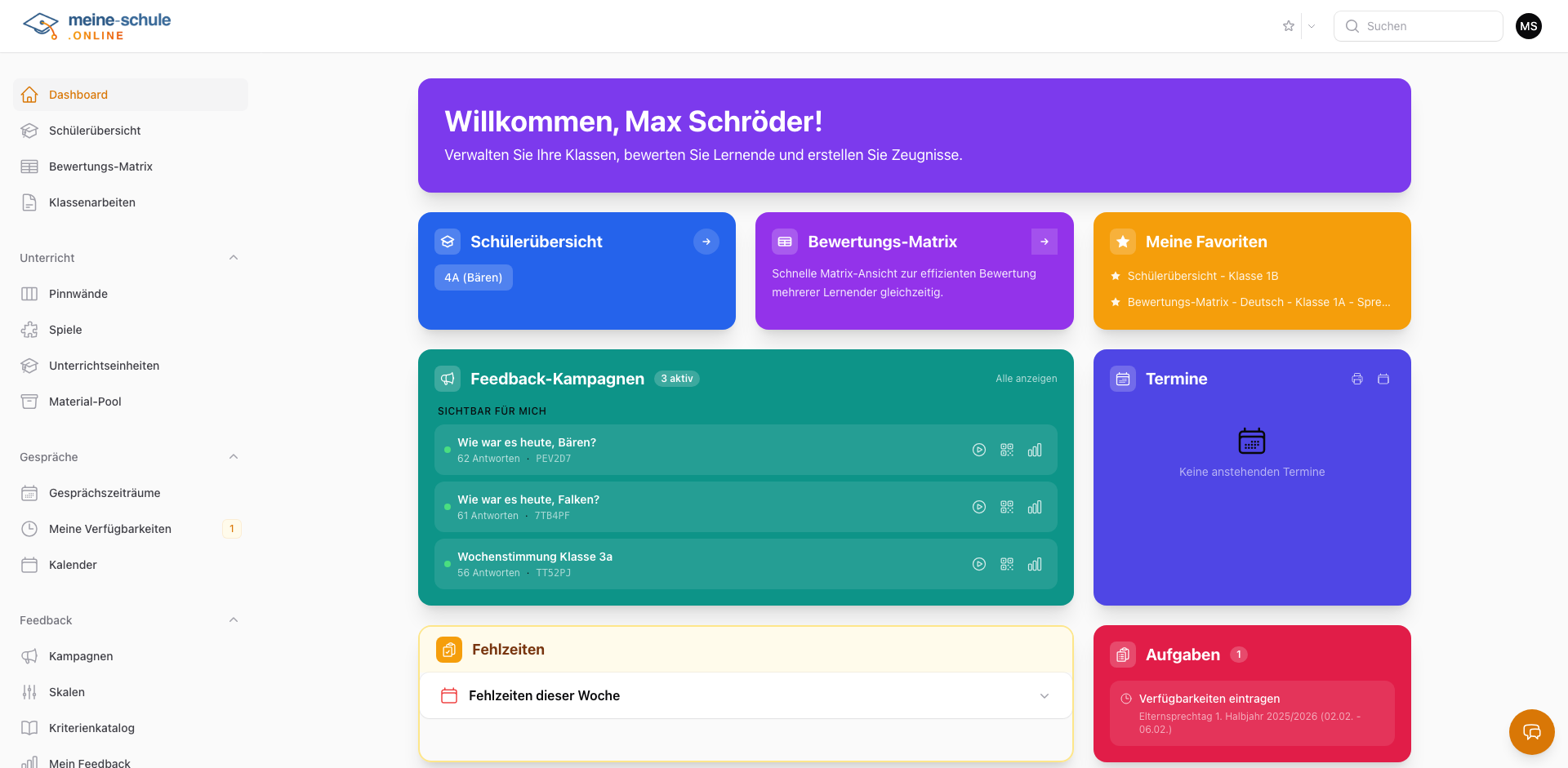 Dashboard mit Klassenübersicht und Bewertungsmatrix