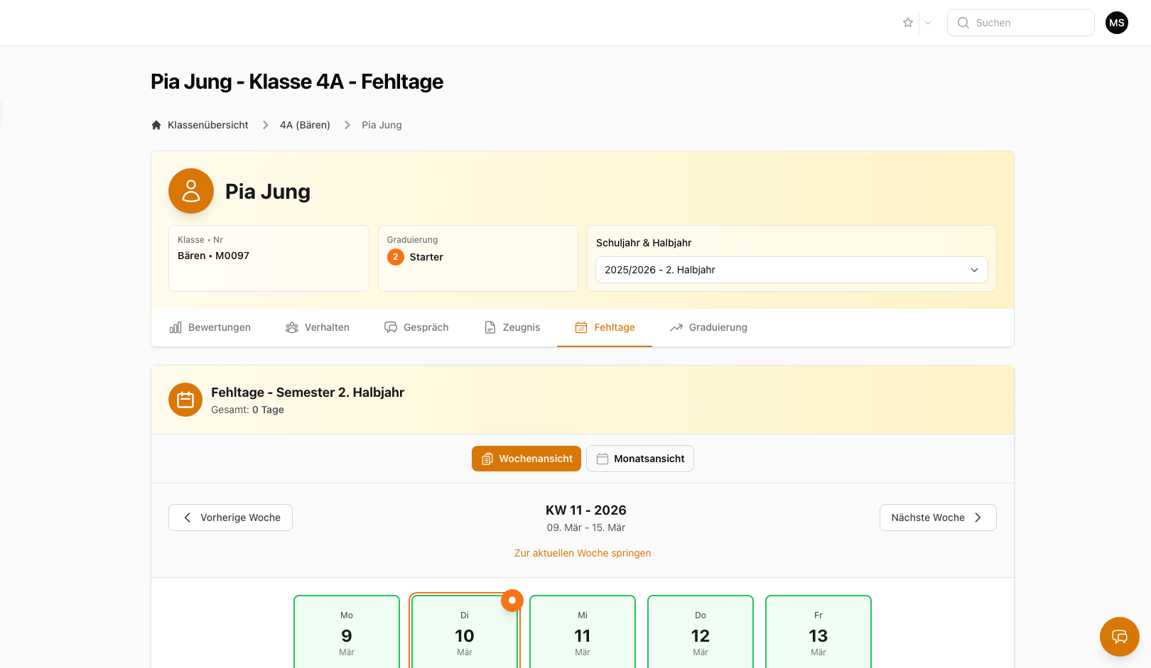 Fehlzeiten Schueler-Detail: Kalender-Wochenansicht mit markierten Fehltagen