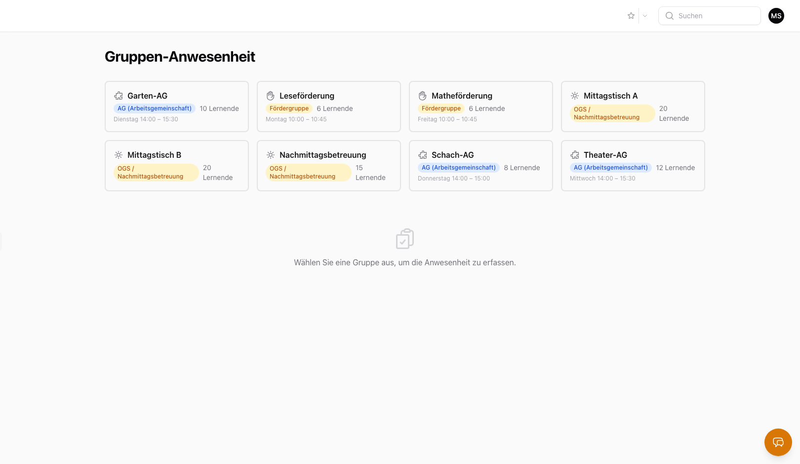 Gruppen-Anwesenheit: Karten-Ansicht mit AGs, Foerdergruppen und OGS-Gruppen