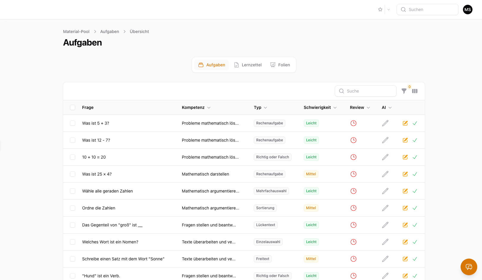 Aufgaben-Pool: KI-generierte Uebungen mit Kompetenz-Zuordnung und Schwierigkeitsgrad