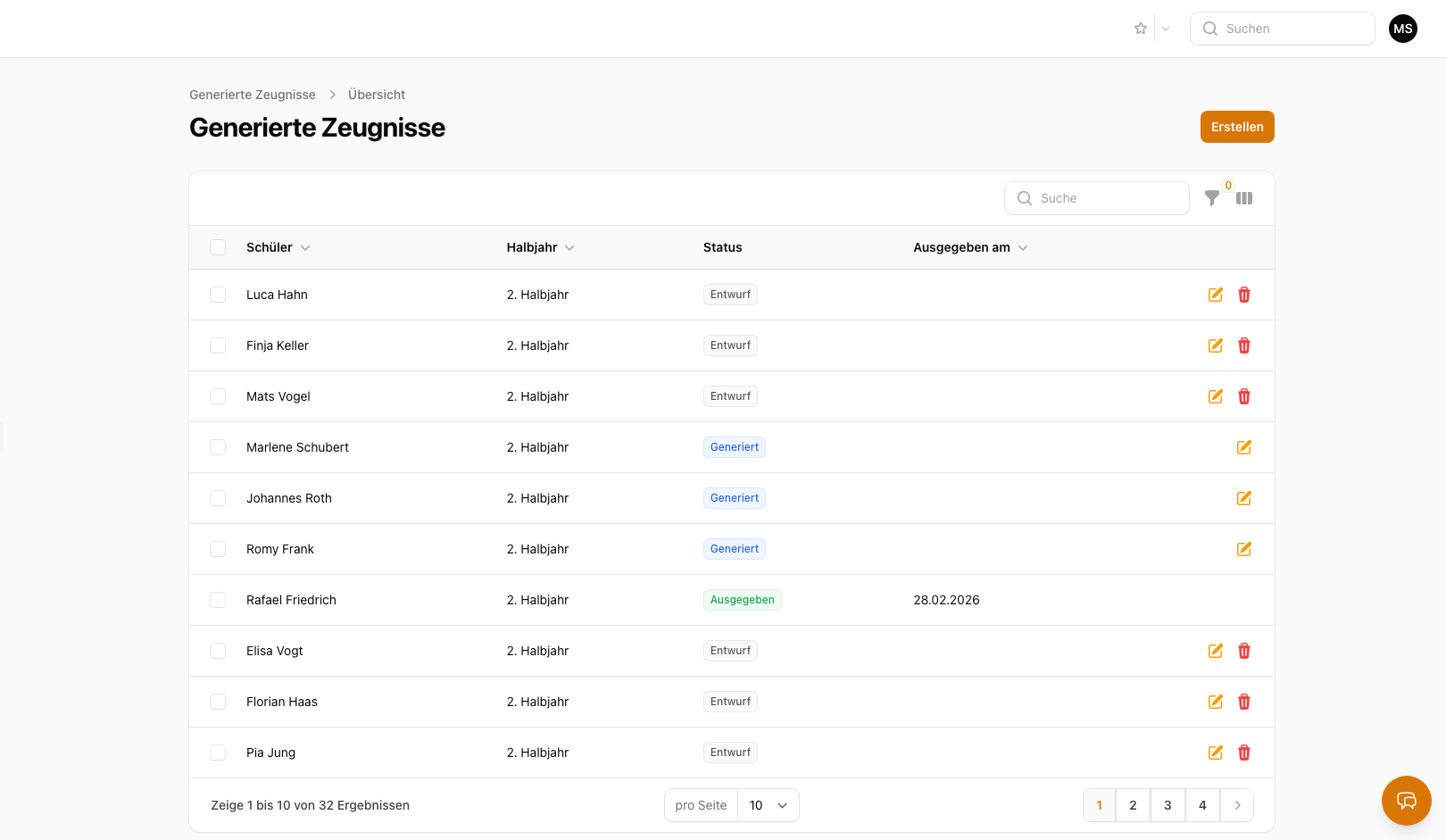 Generierte Zeugnisse - Liste mit Status: Entwurf, Generiert, Ausgegeben