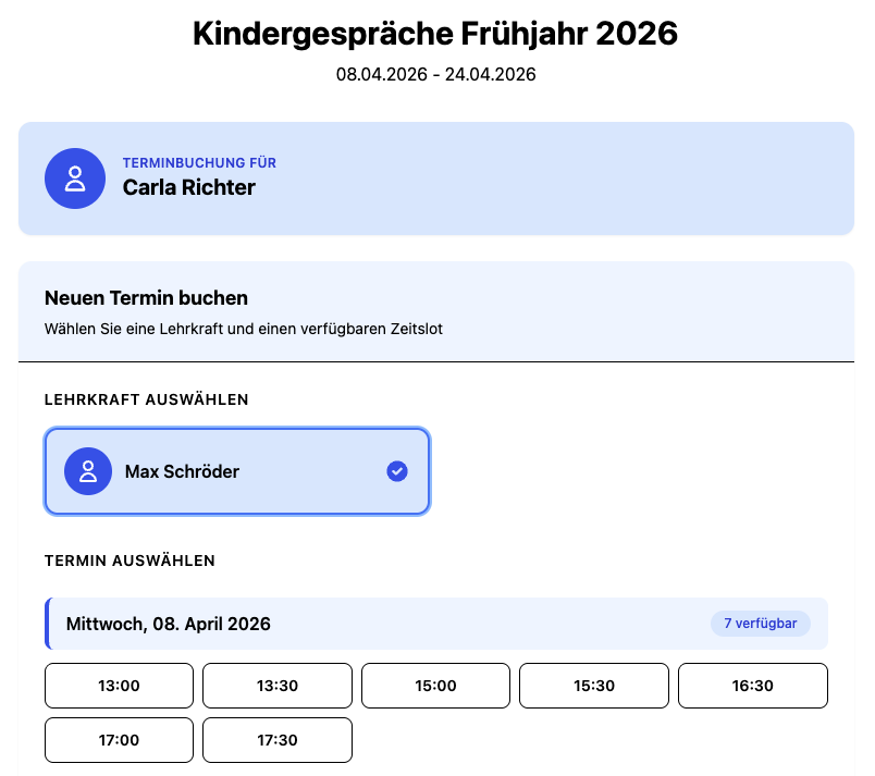 Eltern Terminbuchung Desktop - Verfügbare Zeitslots