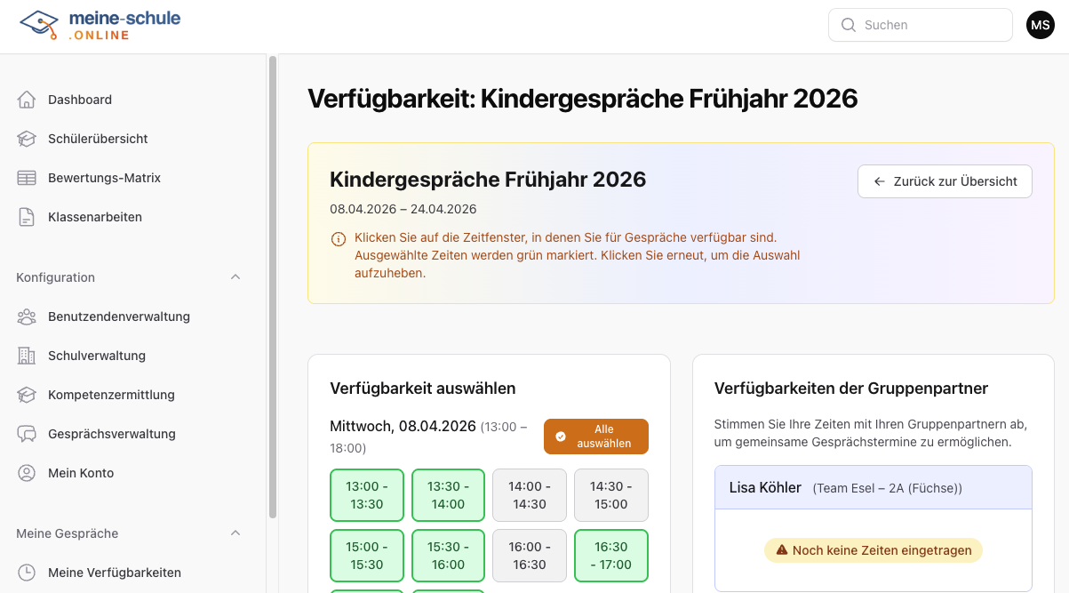 Lehrkraft Verfügbarkeiten - Kalenderansicht mit Zeitslots