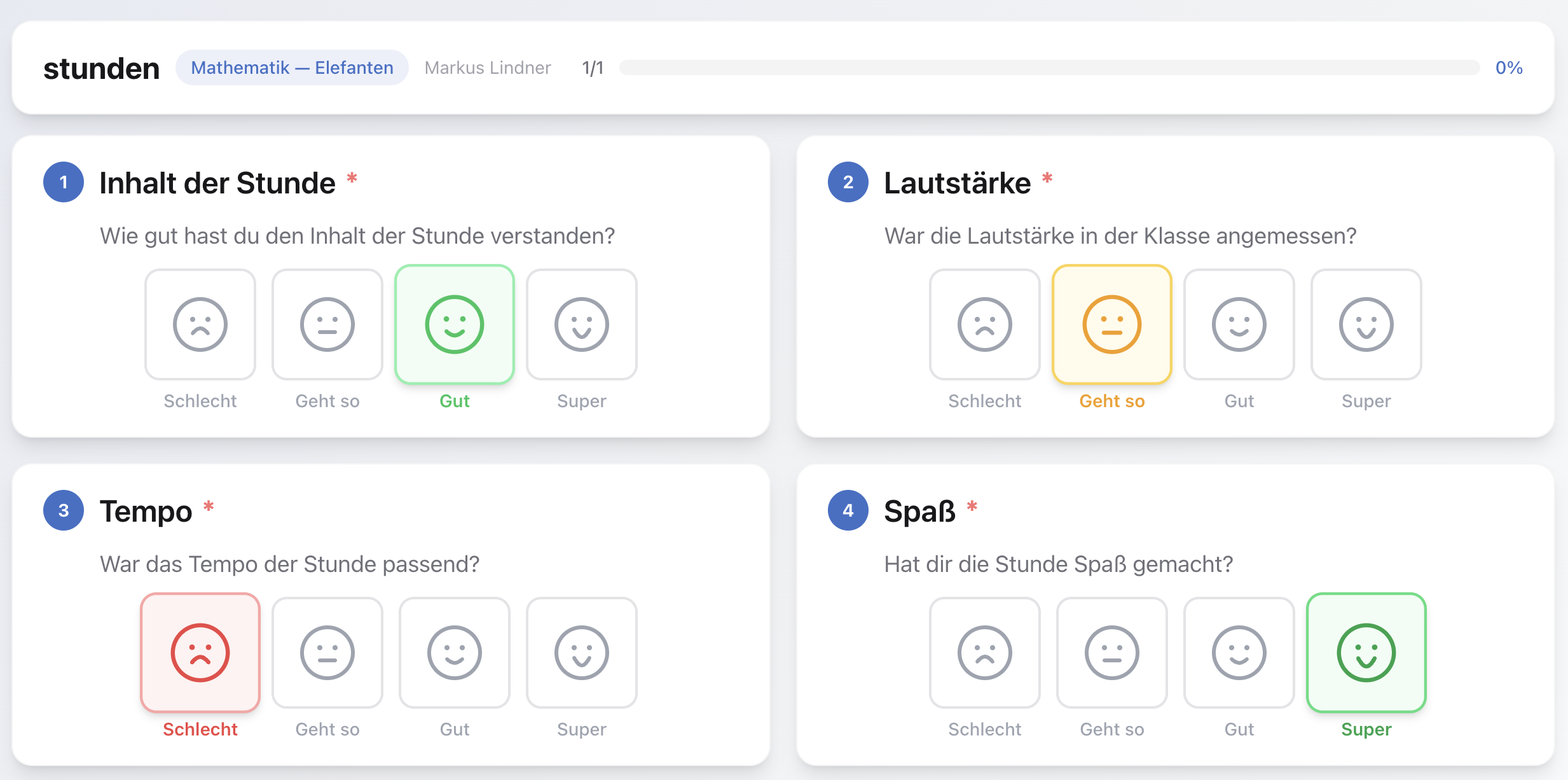 Feedback Schüler-Ansicht: Smiley-Bewertung für Inhalt, Lautstärke, Tempo und Spaß