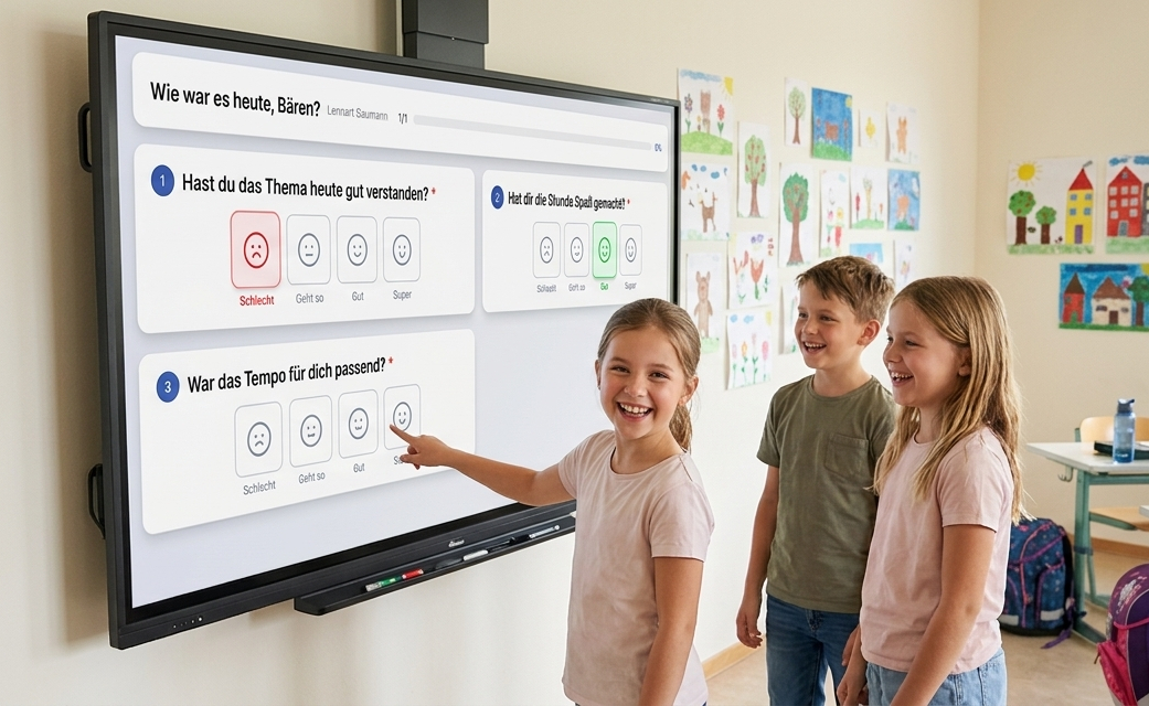 Lernende geben Feedback an der interaktiven Tafel mit Smiley-Bewertung