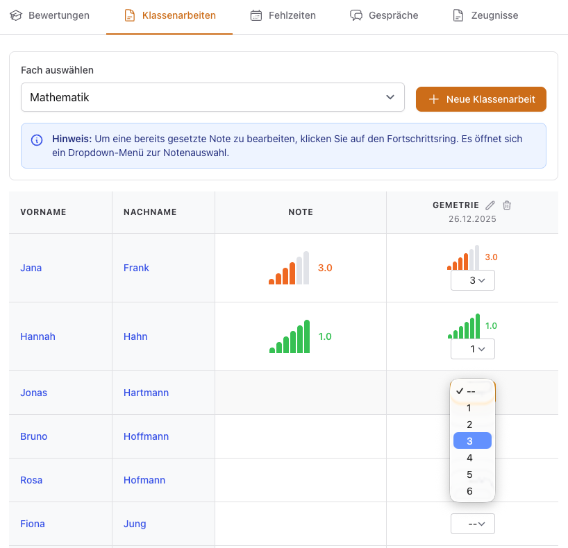 Klassenarbeiten Noteneingabe
