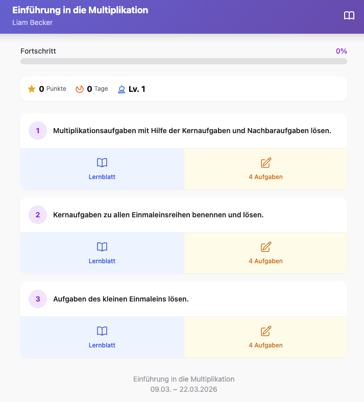 Individueller Lernpfad mit Fortschrittsanzeige und Übungsblöcken