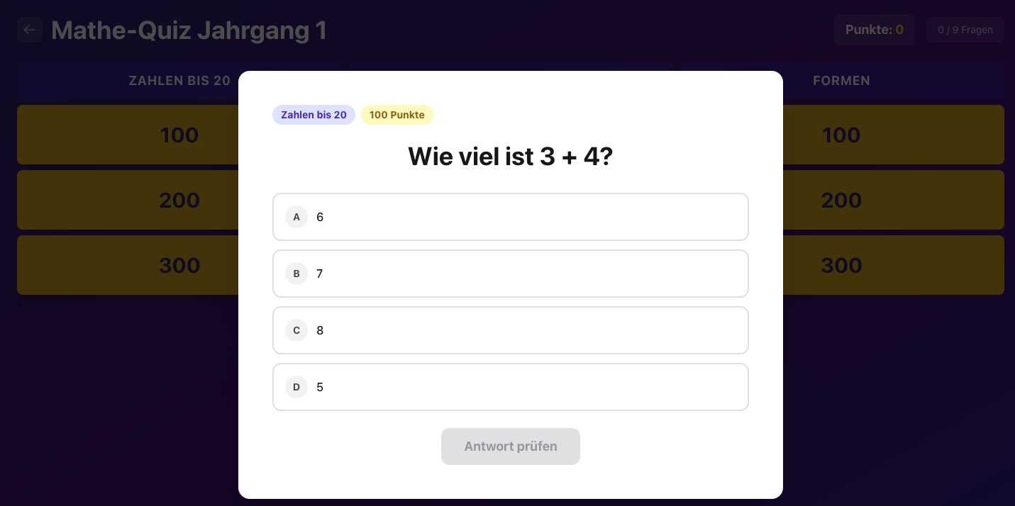 Magische Wand Jeopardy-Spielfeld mit Multiple-Choice Frage