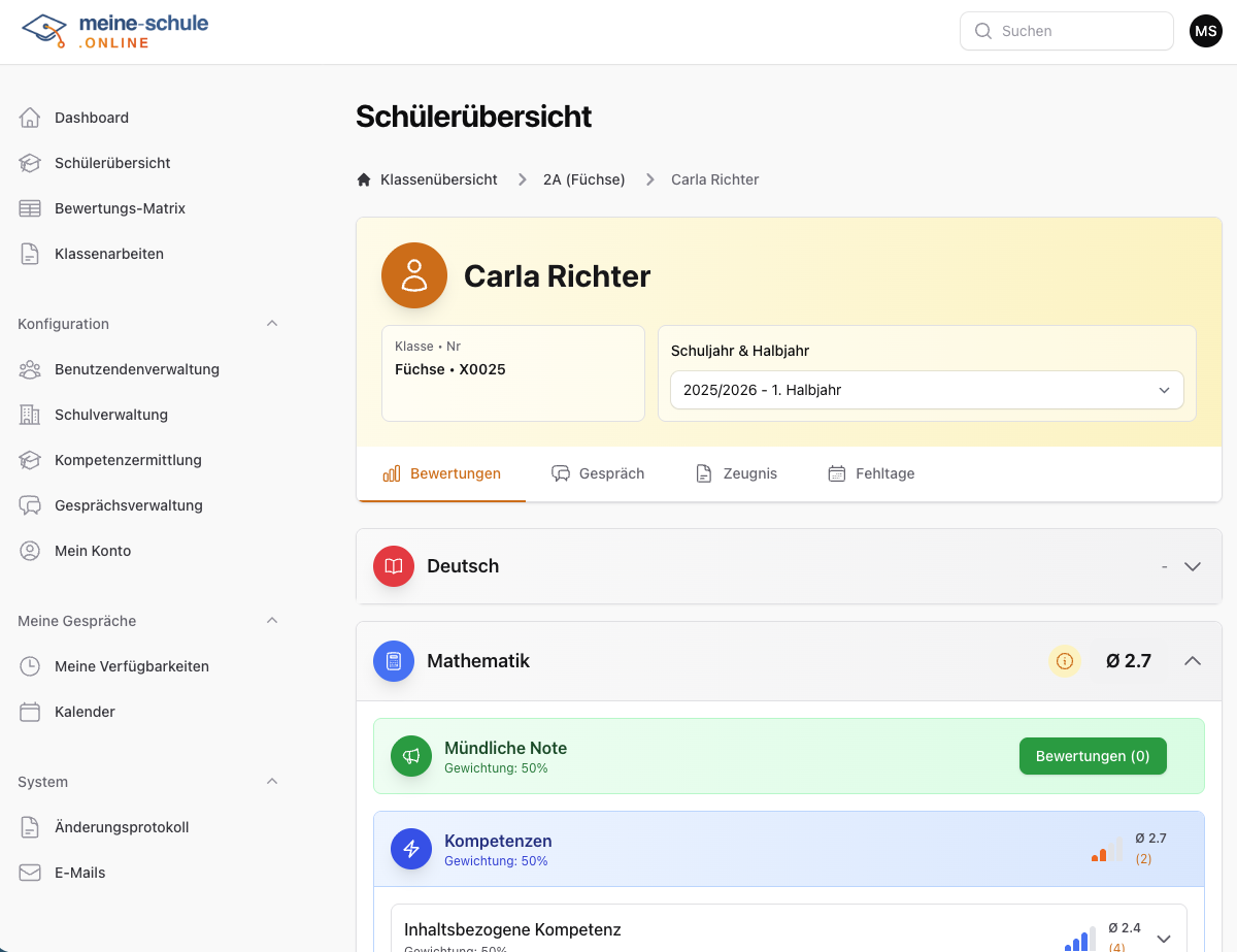 Schüler-Detailansicht - Alle Informationen in Tabs