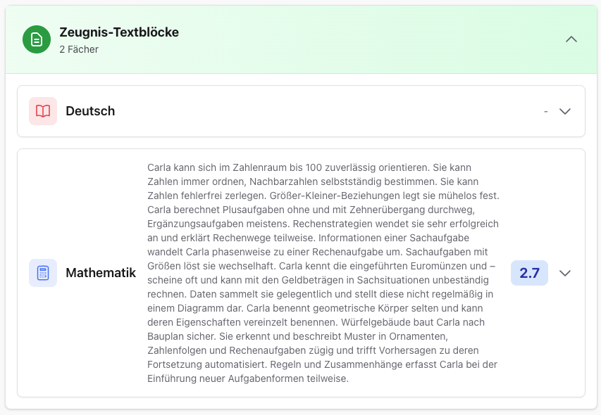 Automatisch generierte Zeugnisstexte - Deutsch und Mathematik