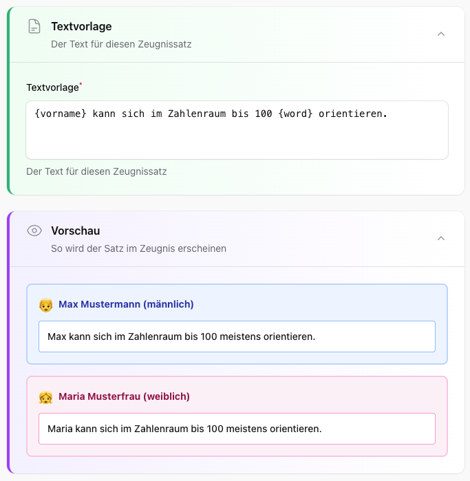 Textvorlage mit Geschlechter-Vorschau